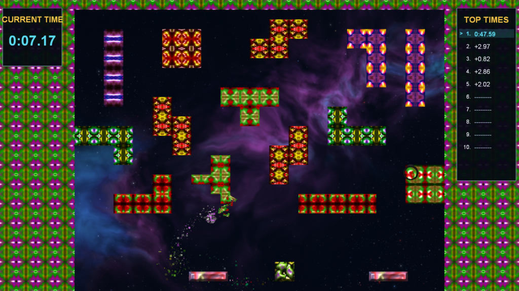 Brick Buster gameplay with colorful tetromino-shaped brick formations and a space background